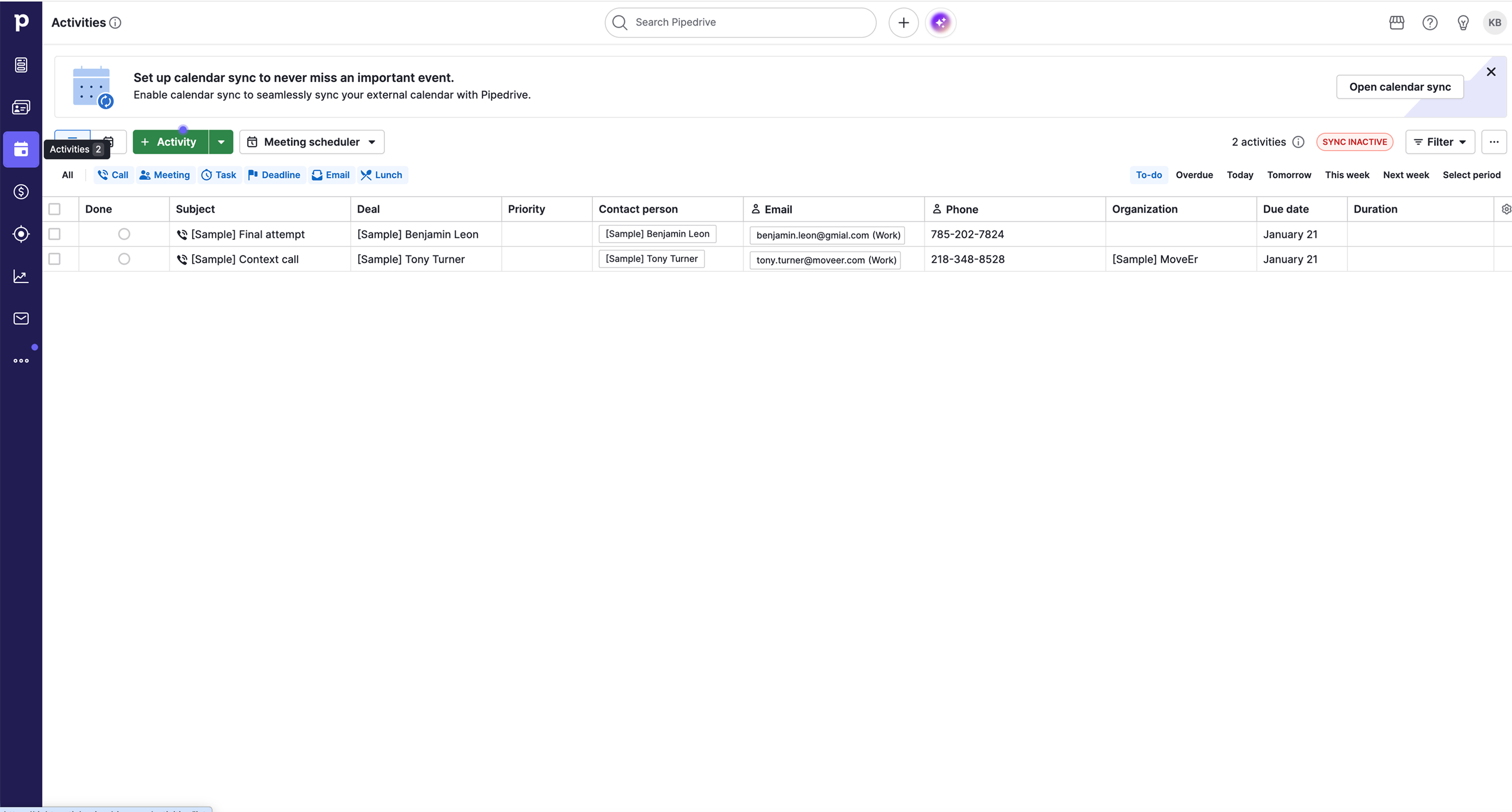 Competitor CRM — activities and scheduling