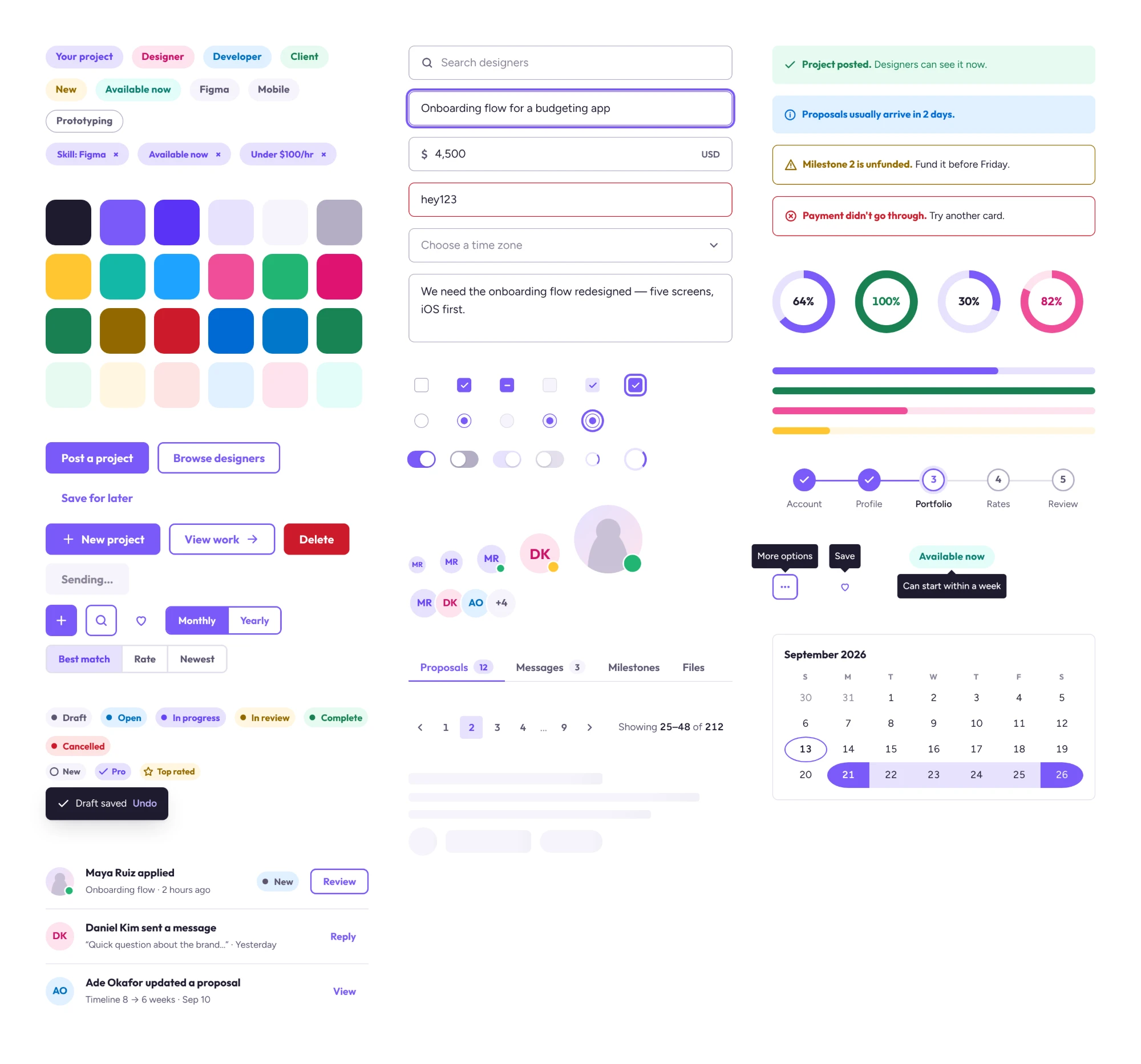 The Heymake design system: color palette, buttons, inputs, selection controls, tags and statuses, alerts, progress rings and bars, a profile stepper, avatars, tabs, pagination, and a calendar.