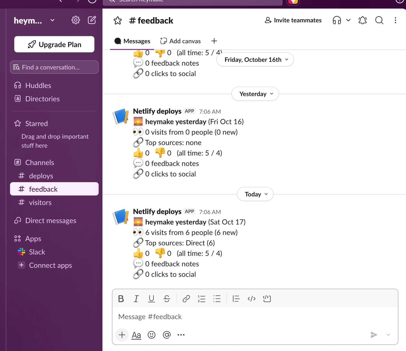 Heymake Slack #feedback channel: a Netlify integration posting daily visit counts, reactions, and feedback notes.