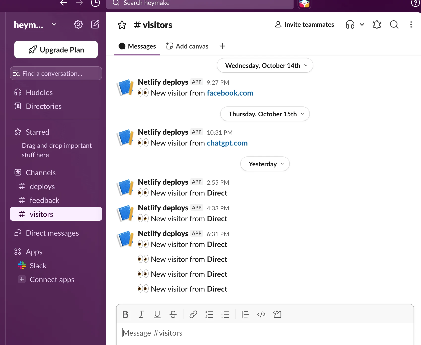 Heymake Slack #visitors channel: a live feed of new visitors and their sources.